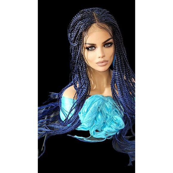 Handmade  Braided Lace Wig, Knotless Box Braids Long  Blue Ombre Wig NWT - Picture 8 of 15